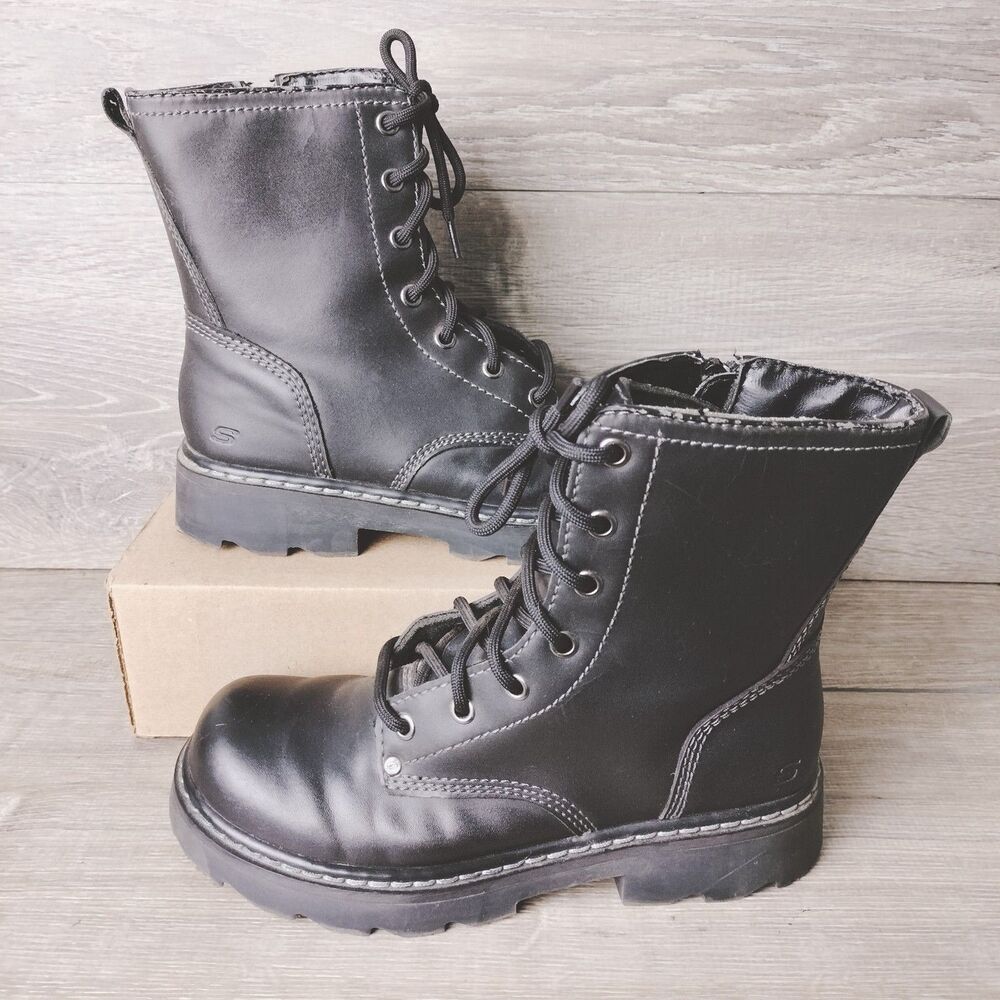 Skechers Black Leather Chunky Combat Moto Biker Boots Womens 6.5 Goth Grunge VTG